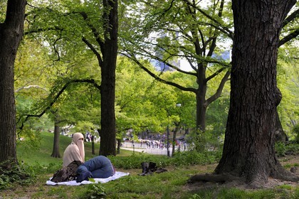 United States, New York City, Manhattan, Central Park, veiled women, Muslim couple sitting in the park