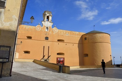 France, Haute Corse, Bastia, the Citadel district of Terra Nova, the palace of the Genoese governors that hosts the Musee d'Histoire de Bastia (Museum of Bastia History), main entrance by the old drawbridge on the Dungeon place