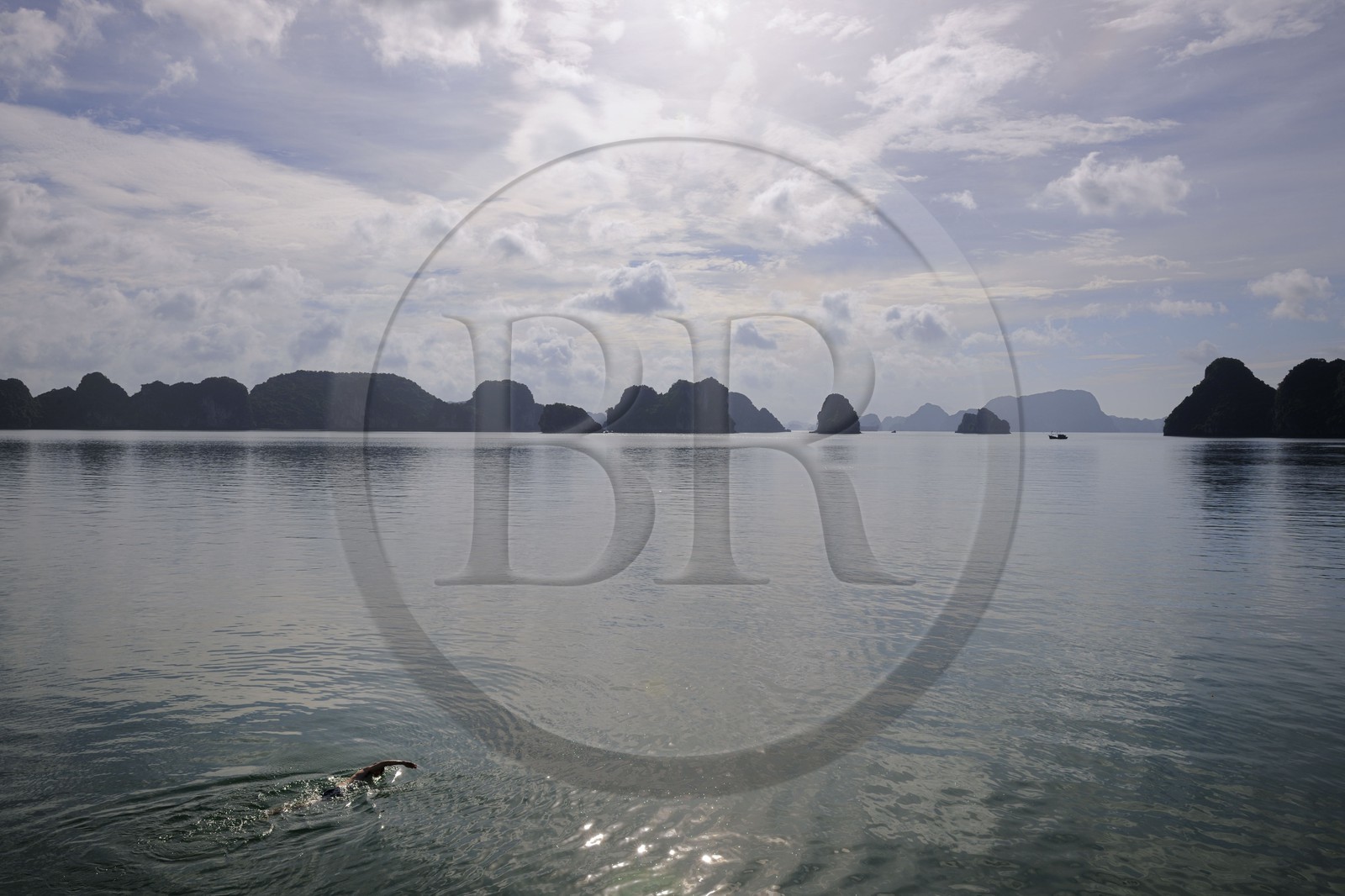 Vietnam, province de Quang Ninh, nageur dans la Baie d'Halong classée Patrimoine Mondial de l'UNESCO