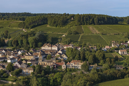 France, Côte-d'Or (21), les climats de Bourgogne classés Patrimoine Mondial de l'UNESCO, Route des Grands Crus, vignoble de la Côte de Beaune, Pernand-Vergelesses, le village et l'oratoire Notre-Dame de Bonne Espérance en arrière plan (vue aérienne)