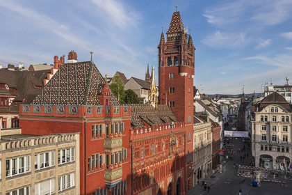 Switzerland, Basel, Marktplatz, City hall (Rathaus) (aerial view)