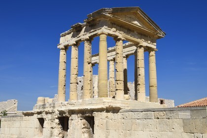 France, Bouches du Rhone, Marseille, Calanques National Park, archipelago of Frioul islands, Ratonneau island, the Caroline Hospital ruins and its church looking like of a Greek temple