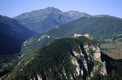 France, Ariege, Pays d' Olmes, Cathar Castle of Montsegur perched on rock (aerial view)