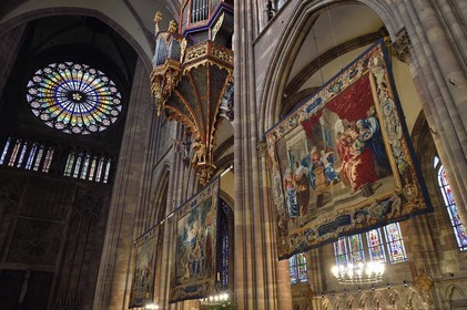 France, Bas Rhin, Strasbourg, old town listed as World Heritage by UNESCO, Notre Dame Cathedral, the great organ and the big Rose Window of the western facade, the Scenes from the Life of the Virgin made at the request of Richelieu are a series of fourteen tapestries hung in the nave during the Advent period