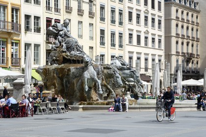 France, Rhone, Lyon, historical site listed as World Heritage by UNESCO, Place des Terreaux, Bartholdi Fountain