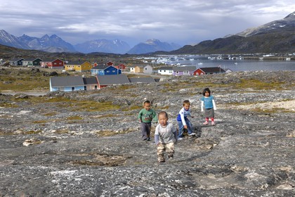Greenland, Nanortalik, Inuit children playing