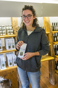 France, Aveyron, Nant, Marion Renoult and Romain Debord, new generation farmers from Larzac, at the Homs Aromatic Farm, the herbal tea is one of the products of the farm
