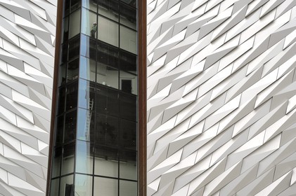 United Kingdom, Northern Ireland, Belfast, docks district of Queen's Island, the Titanic Belfast Experience center, detail of a facade