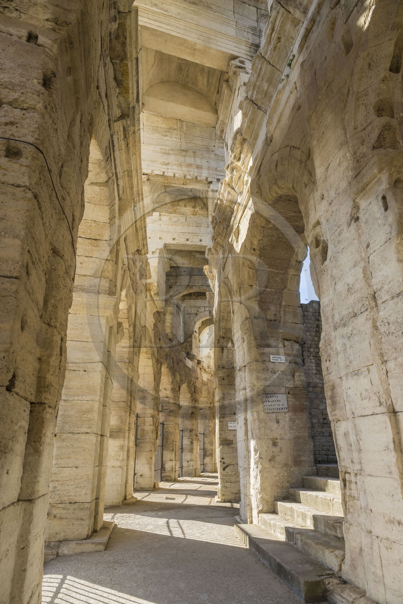 France, Bouches du Rhone, Arles,  listed as World heritage by UNESCO, the exterior gallery on the ground floor still partially covered with large monolithic slabs France, Bouches du Rhone, Arles,  listed as World heritage by UNESCO, the exterior gallery on the ground floor still partially covered with large monolithic slabs