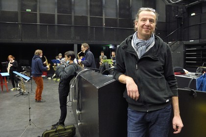 France, Meurthe-et-Moselle, Nancy, rehearsal of the Fanfare des Enfants du Boucher (Butcher's Children's Marching Band) for the great feast of Saint-Nicolas, Nicolas Arnoult is the conductor and composer