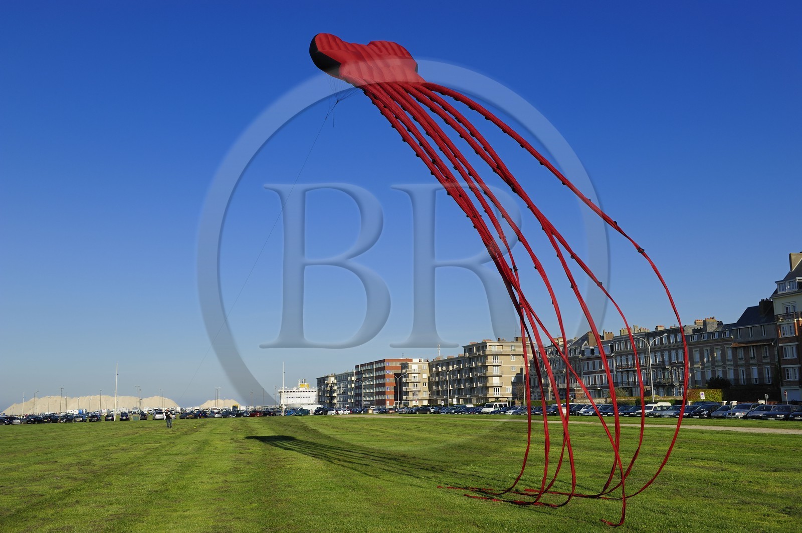 France, Seine-Maritime (76), Dieppe, cerf-volant géant sur la pelouse de la promenade maritime
