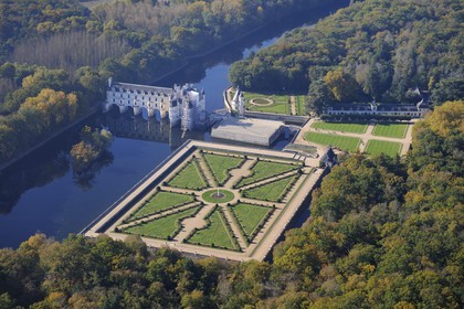France, Indre et Loire, the Renaissance style Chateau de Chenonceau and its formal garden on Cher river banks (aerial view)