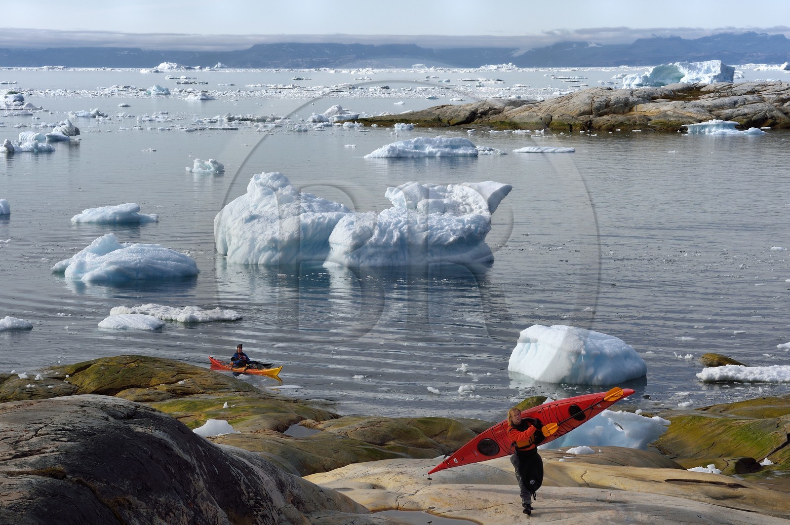 Groenland, cote ouest, baie de Disko, Ilulissat, site du fjord glacé classé Patrimoine Mondial de l'UNESCO, kayak