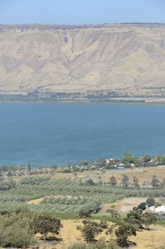 Israel, Northern District, Galilee, Tiberias, Sea of Galilee (Lake Tiberias) edges and in the background the hills of Golan