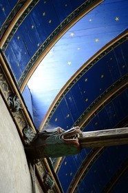 France, Finistere, Morlaix, wooden painted sculptures on the stringer decorating the vault of the Saint-Melaine church