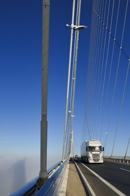 France, between  Calvados and Seine Maritime, the Pont de Normandie (Normandy Bridge) spans the Seine in the Fog