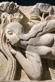 France, Saone et Loire, Autun, Rolin Museum, exhibition of masterpieces at the Natural History Museum during the works, lintel element The Temptation of Eve (circa 1130), attributed to Gislebertus (detail)