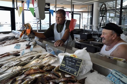 France, Var, Saint-Raphael, the fishermen's market, the fishermen Astrio on the left and Gilbert on the right