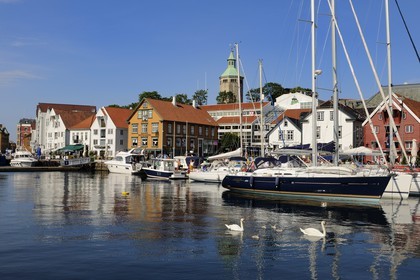 Norway, Rogaland County, Stavanger, pleasure boats and swans in the old harbour (Vagen)