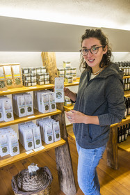France, Aveyron, Nant, Marion Renoult and Romain Debord, new generation farmers from Larzac, at the Homs Aromatic Farm, the herbal tea is one of the products of the farm