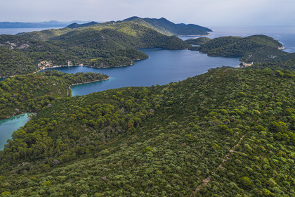 Croatia, Dalmatia, Dalmatian coast, Island of Mljet, National Park of Mljet and the former Benedictine monastery on the islet of Sainte Mary (Sveta Marija) in the background right (aerial view)