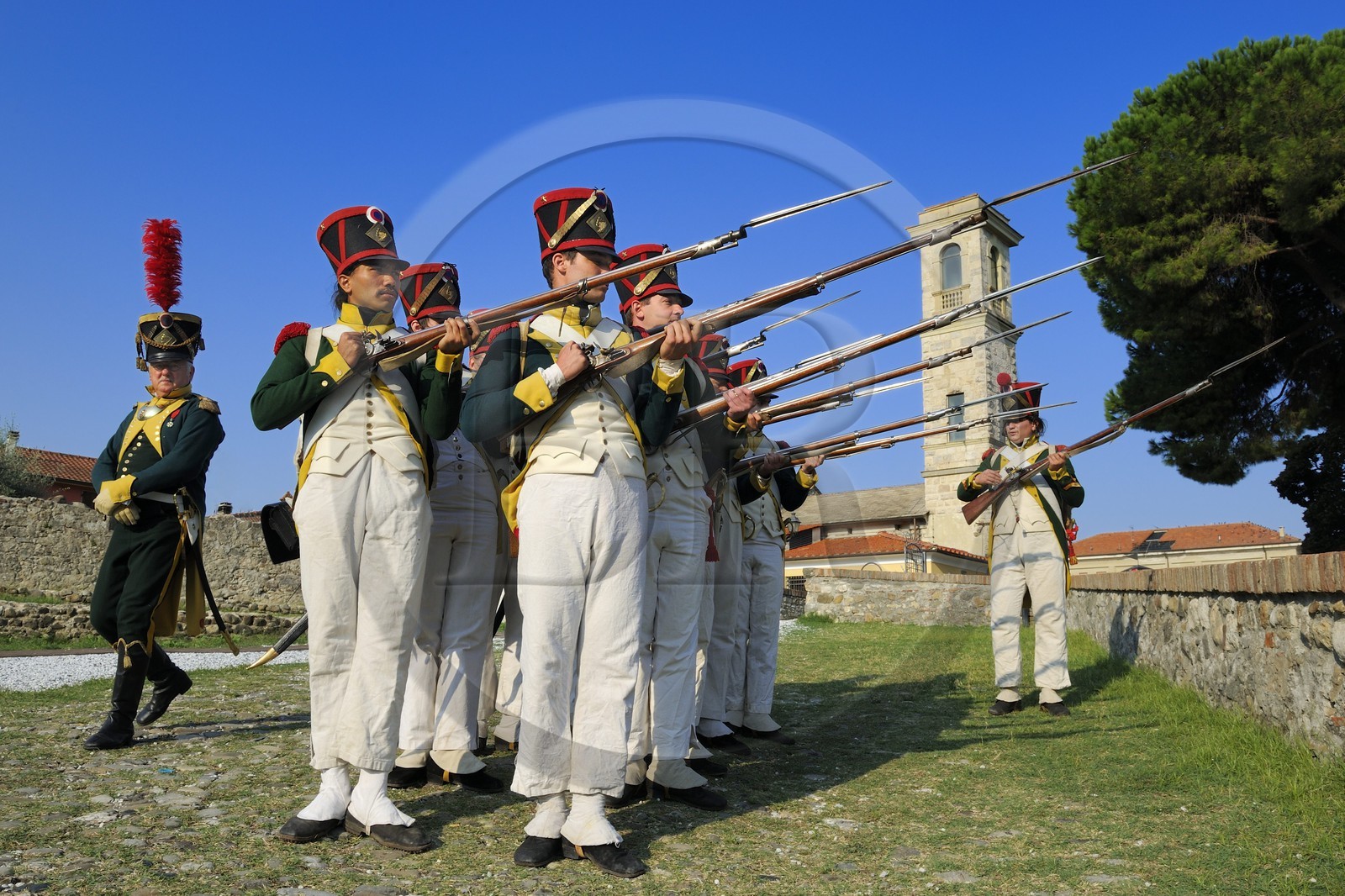Italy, Liguria, Sarzana, Napoleon Festival, french soldiers of the Grande Armée of the Irish Legion regiment in training