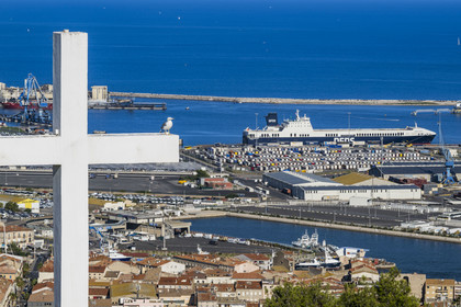 France, Herault, Sète, the port facilities seen from Mont Saint-Clair and its cross