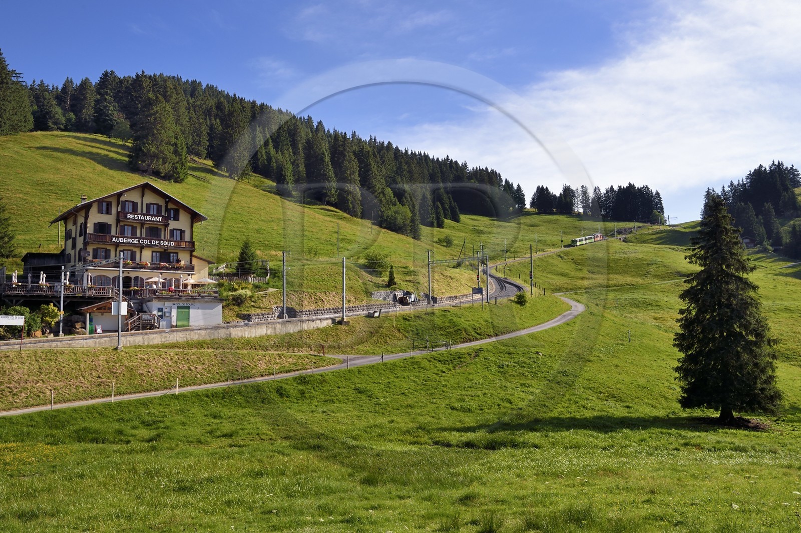 Suisse, canton de Vaud, Villars-sur-Ollon, train qui rejoint la gare du col de Bretaye, arrêt du restaurant du Col de Soud