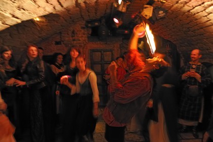 France, Paris, the Saint-Sabin cellars, medieval tavern, fire-eater