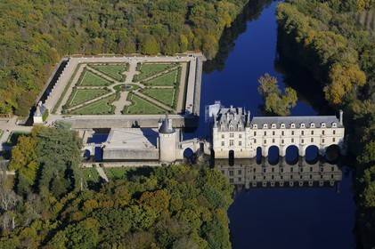 France, Indre et Loire, the Renaissance style Chateau de Chenonceau and its formal garden on Cher river banks (aerial view)