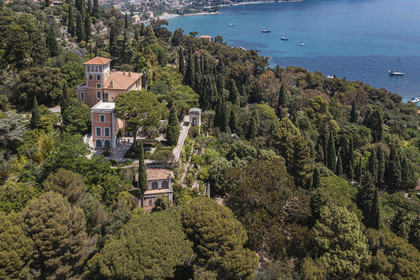 Italy, Liguria, Province of Imperia, Ventimiglia, Hanbury Botanical Garden around the Palazzo Orengo (aerial view)