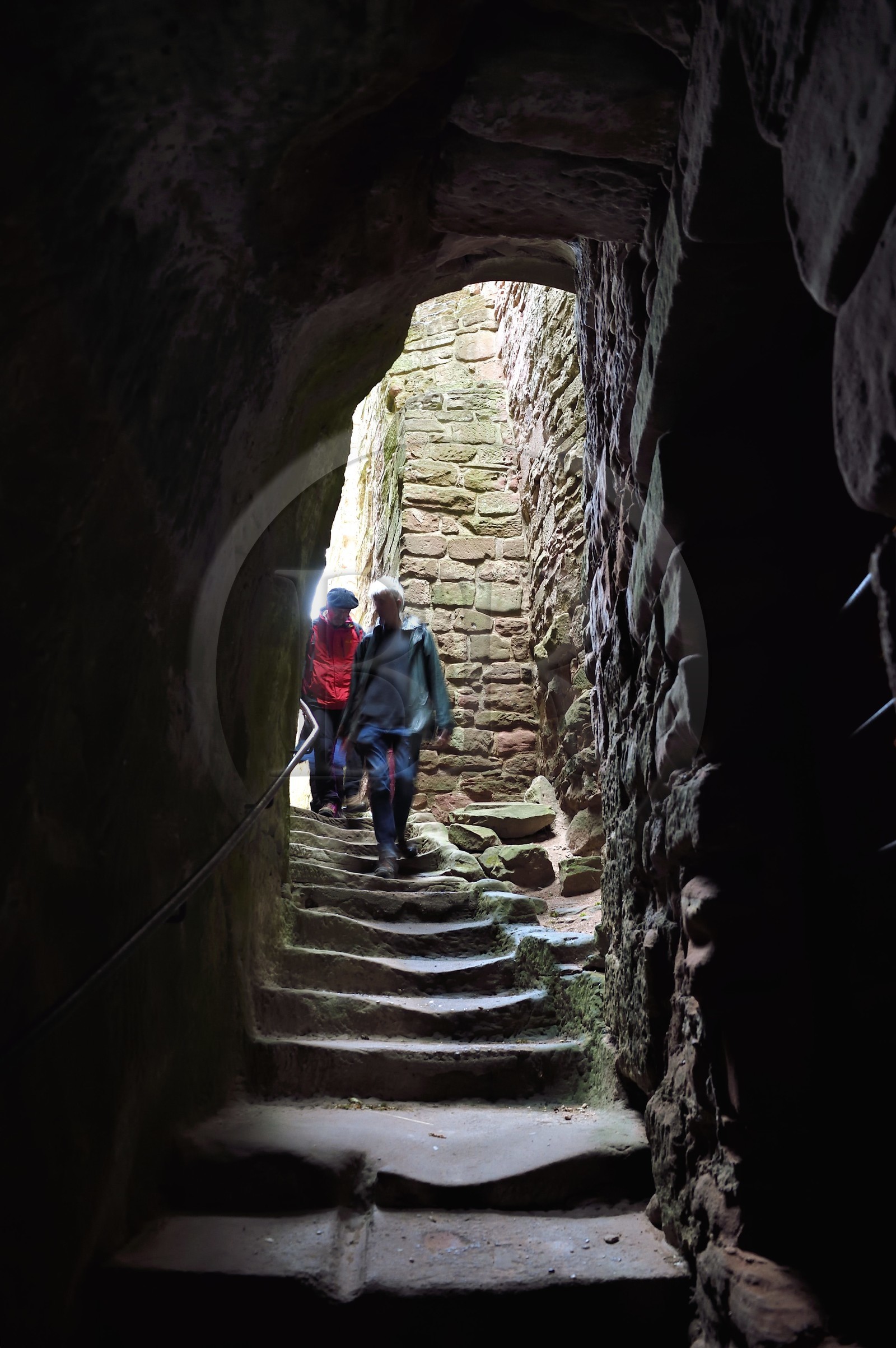 France, Bas-Rhin (67), Parc naturel régional des Vosges du Nord, Lembach, chateau de Fleckenstein, randoneurs dans l'escalier troglodyte