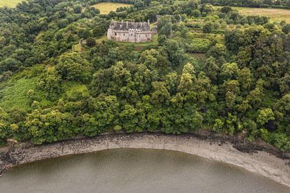 France, Cotes d'Armor, Ploezal, castle of La Roche-Jagu on the banks of the Trieux river (aerial view)