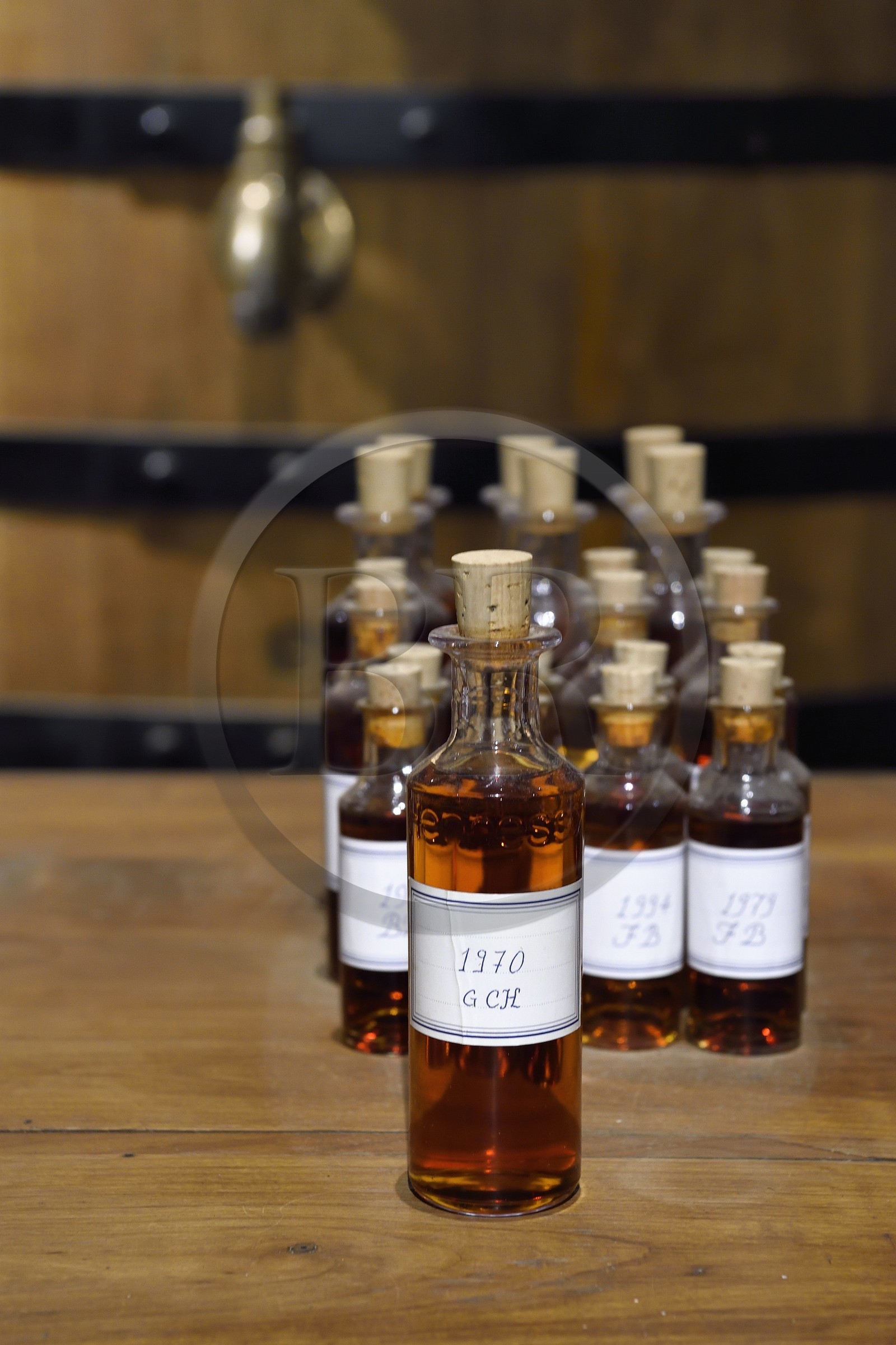 France, Charente (16), Cognac, les chais de vieillissement de la Maison de cognac Hennessy, échantillons d'eaux-de-vie extraites de différents tonneaux et en attente d'être mélangées pour créer des cognacs, coupe première au premier plan