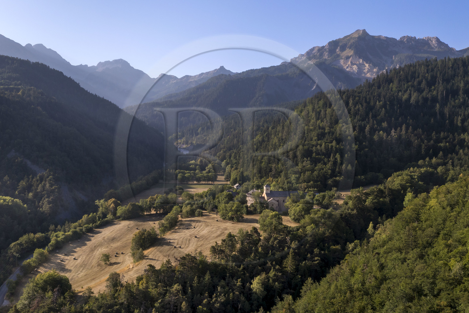 France, Hautes Alpes, Crots, 12th century Notre-Dame de Boscodon abbey (aerial view)