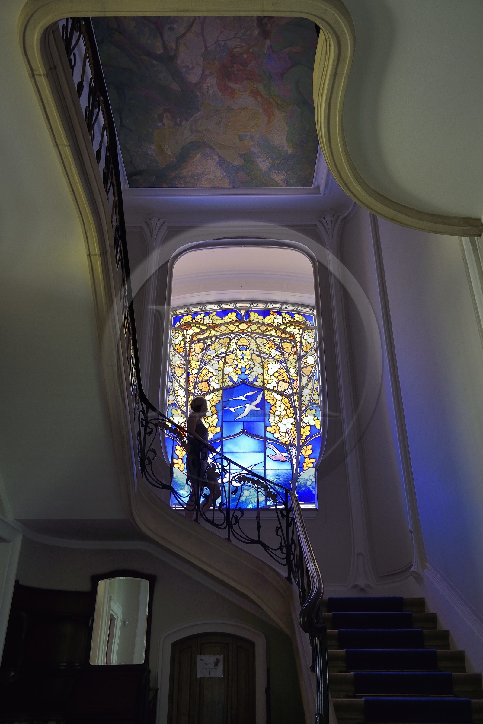 France, Meurthe-et-Moselle (54), Nancy, la maison Bergeret de style Art Nouveau, vitrail Roses et mouettes de Jacques Gruber et plafond de Victor Prouvé