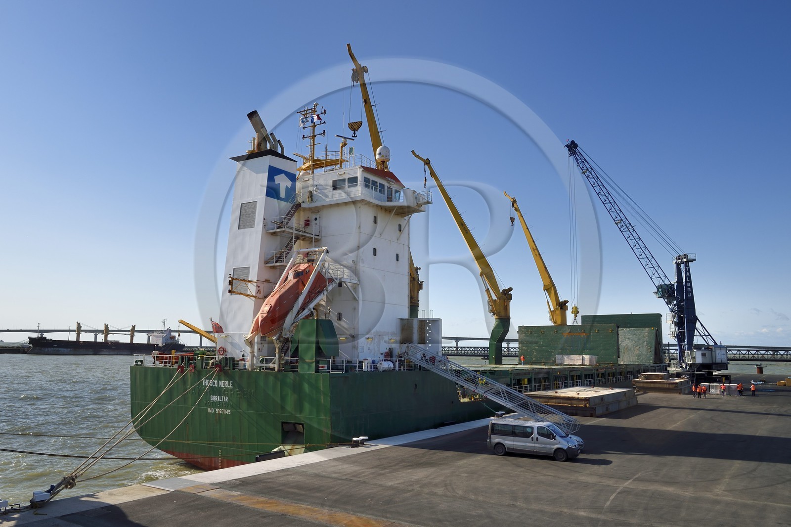 France, Charente-Maritime, La Rochelle, the Port Atlantique La Rochelle, the trade port, unloading a cargo on docks depending from Sica Atlantique company, the bridge of the Ile de Ré in the background