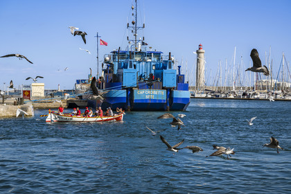 France, Herault, Sete, Fishing port, boat of the Occitarame association which campaigns for the practice of traditional rowing, the mole Saint-Louis lighthouse in the background