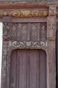 France, Seine-Maritime (76) Saint-Valery-en-Caux, the half-timbered house called Henry IV (1540) also called house Ladire, tourist center, facade detail, sculpted wood