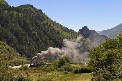 France, Alpes de Haute Provence, Entrevaux Medieval city fortified by Vauban, Train des Pignes historic train and the citadel in the background