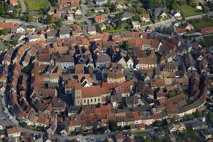 France, Haut Rhin, Eguisheim, the historic center (aerial view)