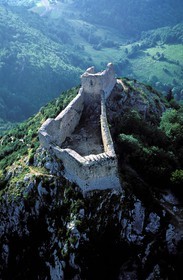France, Ariege, Pays d' Olmes, Cathar Castle of Montsegur perched on rock (aerial view)