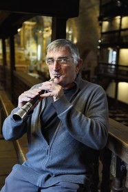France, Pyrenees Atlantiques, Basque Country, Saint Etienne de Baigorry, Saint-Etienne (St. Stephen's) Church, Betti Bidart, Navarre gaita player (dual-hip wind instrument) also known as Basque flute