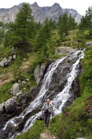 France, Alpes-Maritimes, parc national du Mercantour (Mercantour National Park), Valmasque valley, ice bolt waterfall and Alain Lanteri-Minet, guide and former park ranger