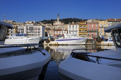 France, Herault, Sete, canal Royal (Royal Canal), tuna boat docked at the foot of Mont Saint Clair and the St. Louis decanal church