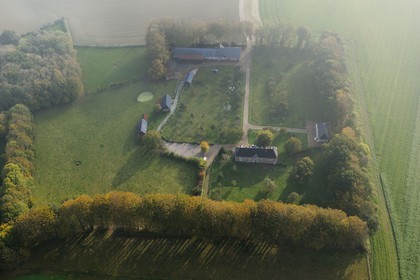 France, Seine-Maritime, Bretteville-du-Grand-Caux, Clos masure, a typical farm of Normandy, called La Vitrine du Lin (aerial view)