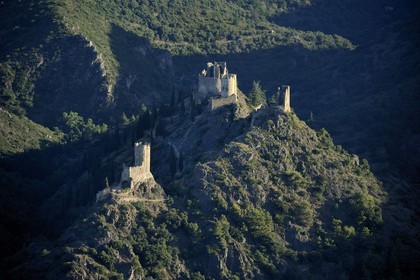 France, Aude, ruins of the Lastours castle (aerial view)