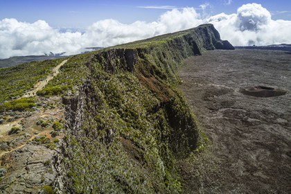 France, Reunion island (French overseas department), Reunion National Park listed as World heritage by UNESCO, Piton de la Fournaise volcano, Formica Léo crater in the caldera and the cliffs of Pas de Bellecombe (aerial view)