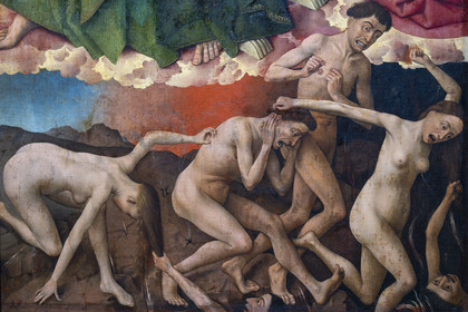 France, Cote d'Or, Beaune, area listed as World Heritage by UNESCO, Hospices de Beaune, Hotel Dieu, Polyptych Room, detail of the polyptych of the Last Judgment open, work created in the 15th century by Rogier Van Der Weyden, representation of the descent into Hell