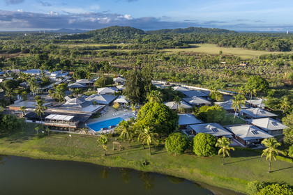 France, French Guiana, Kourou, Hotel Mercure Kourou Ariatel and the Bois-Diable lake in the foreground